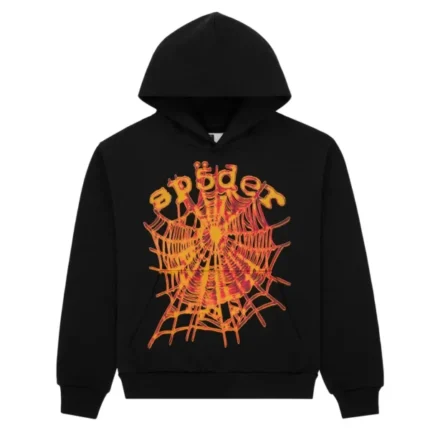 Sp5der Flame Web Graphic Black Orange Hoodie